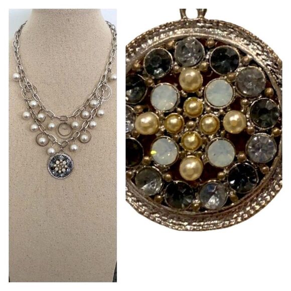 Gemstone Medallion Faux Pearl & Crystal Layer Statement Silver Tone Bib Necklace - Picture 1 of 7
